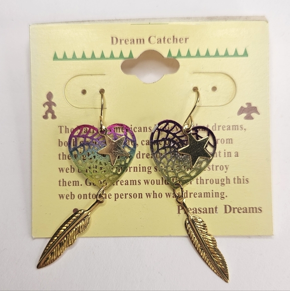 Jewelry - Dream Catcher Earrings Gold Heart Multu-Color-  Feather Drop